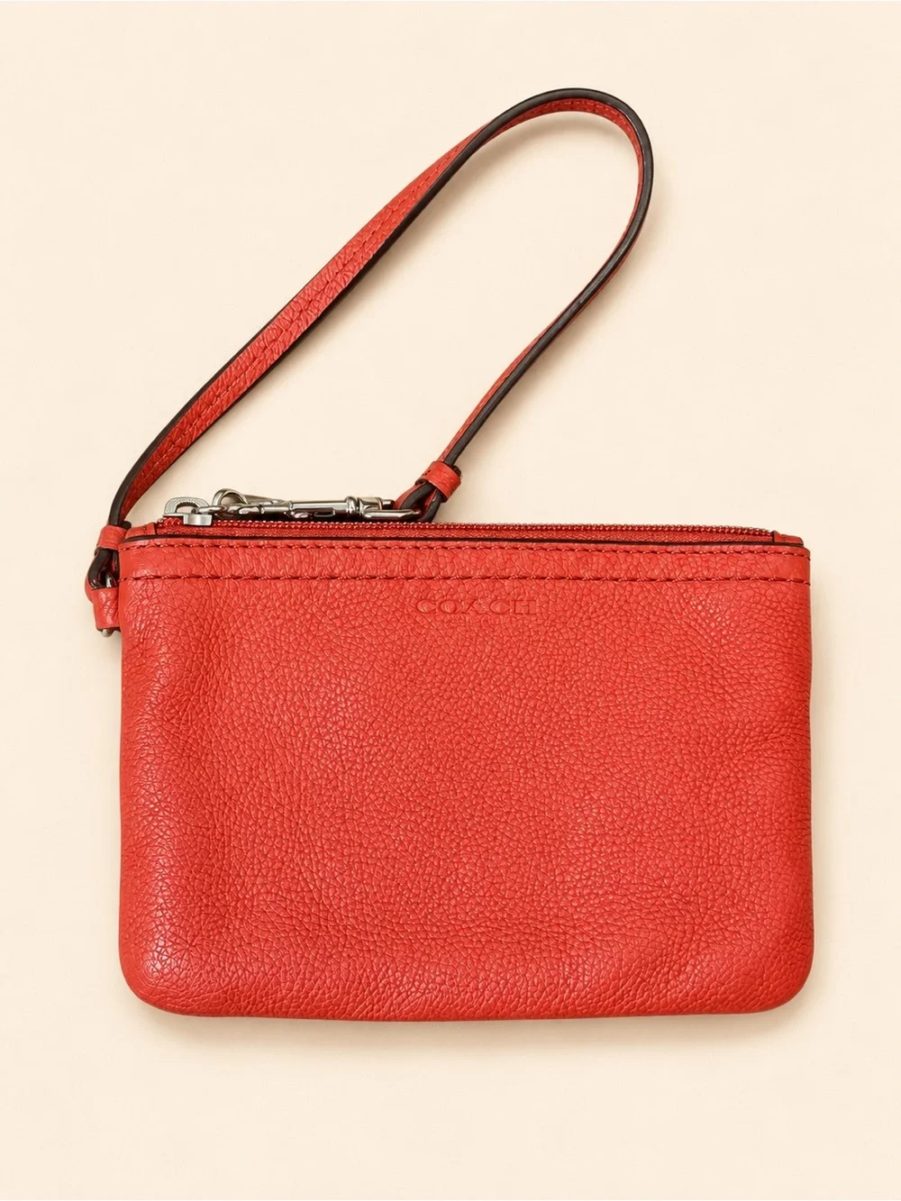 Coach Red Pebbled Leather Wristlet Wallet Silver Hardware 6” x 4”